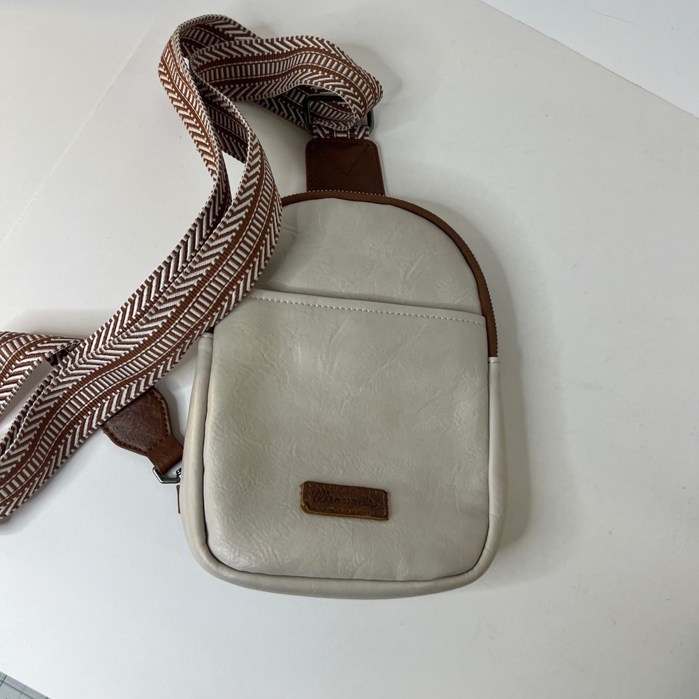 Wrangler Vegan Leather Crossbody Sling Bag Aztec Strap Cream Brown 6 x 2 x 8"